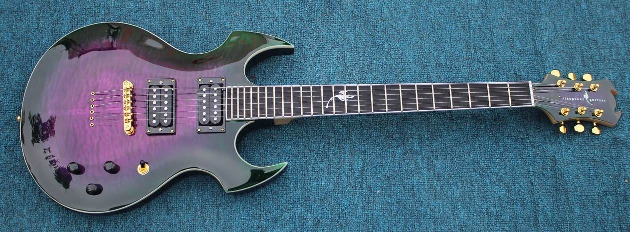 Fireplant Guitars FP-1 in Purple to Emerald Green Burst on Quilted Maple